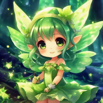 Милая аниме фея в зелёных цветах» — создано в Шедевруме