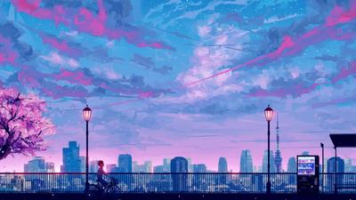 Download 2048x1152 Aesthetic Blue And Pink Anime City Wallpaper |  Wallpapers.com