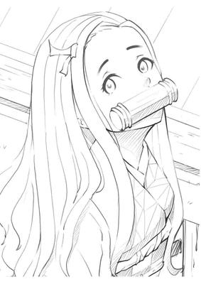 Раскраска аниме девушка. Аниме девушка с бамбуком во рту Раскраска  Распечатать. Онлайн раскраска.