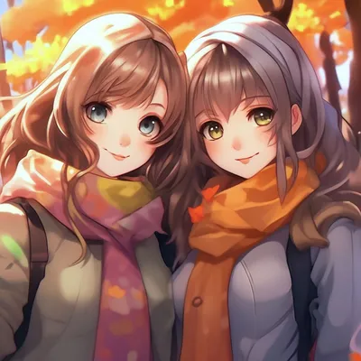 Две аниме девушки, осень, подруги, …» — создано в Шедевруме