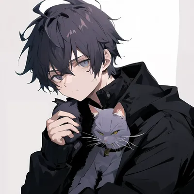Брюнетка аниме мальчик держит кошку, аниме мужчина, аниме мо арт стиль,  Мужской стиль аниме, В стиле аниме - SeaArt AI