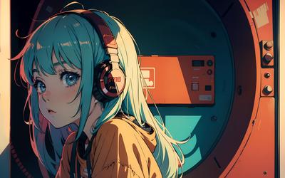 Anime guy, looking to right side, wearing headphones while listening to  music with a synthwave background with ray tracing lighting, cyberpunk on  Craiyon