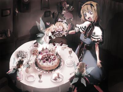 Яркая аниме открытка с Днём Рождения с тремя девушками и тортиками, скачать  бесплатно