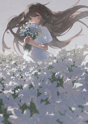 симпатичный портрет аниме с цветами романтическая иллюстрация фантазии.  Иллюстрация штока - иллюстрации насчитывающей волосы, романтично: 272472328
