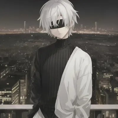 A white haired young anime boy, blindfolded, grey ci...