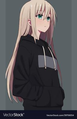 Cute anime girl in black hoodie and green eyes Vector Image