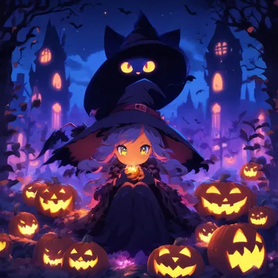аниме девушка сидит на тыкве с кошкой и ведьмой, Хэллоуин art style,  кошелек или жизнь, Хэллоуин celebration, ❤🔥🍄🌪 - SeaArt AI
