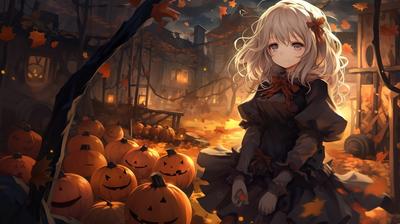 Аниме девушка стоит в поле фонарей Джека, хэллоуин аниме картинка, Хэллоуин,  животное фон картинки и Фото для бесплатной загрузки