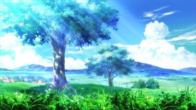 Обои на рабочий стол Пейзаж цветов растущих в доль дороги на фоне закатного  неба, anime by mocha, обои для рабочего стола, скачать обои, обои бесплатно