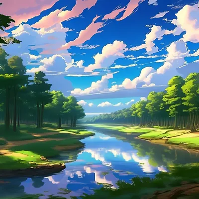 Аниме пейзаж, река, лес, небо с …» — создано в Шедевруме
