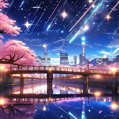 Аниме пейзаж. звездное небо. падающие…» — создано в Шедевруме