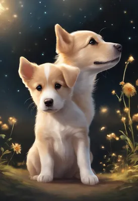 Аниме Звездное поле，щенок собаки，Идите счастливо, вздернув хвост，Появляется  собака，Четкость 4K，Аниме Собаки，Стиль живописи исцеляет сам себя - SeaArt AI