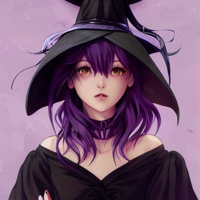 Witch wearing a purple coat and an oversized hat, anime girl holding a  magic staff on Craiyon