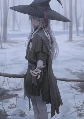 Yohan1754, original characters, witch, blue eyes, smiling, anime girls,  drawing, witch hat, silver hair, eyepatches, snow, POV | 2900x4096  Wallpaper - wallhaven.cc