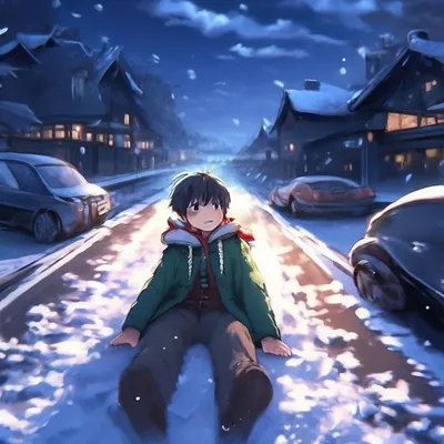 Аниме,зима,снег,мальчик лежит на …» — создано в Шедевруме