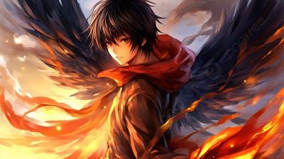персонаж аниме с крыльями стоящими в огне, скачать аниме картинки, черный,  Jpg фон картинки и Фото для бесплатной загрузки