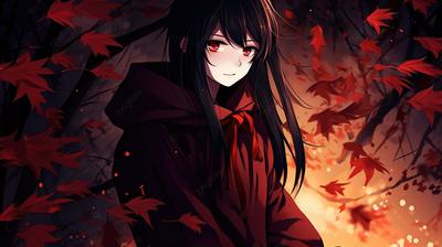 аниме девушка в красном с темно каштановыми волосами среди листьев, скачать  аниме картинки, черный, Jpg фон картинки и Фото для бесплатной загрузки