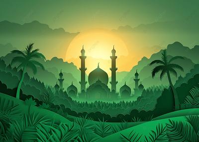 стиль вырезки из бумаги с мечетью зеленого цвета, зеленый, лес, луна фон  картинки и Фото для бесплатной загрузки