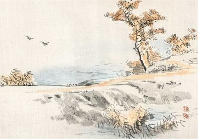 Японский рисунок на свитке Самурай под сакурой, 1900-е гг.. Японские  свитки, картины, гравюры, ксиллография, коллекция японского искусства.