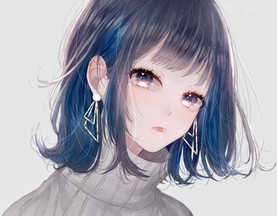 Аниме - стиль изображения 1 женщины с голубыми глазами и черными волосами,  лицо 27-летней женщины, 27-летний, рот на замке, киберпанк аниме арт -  SeaArt AI