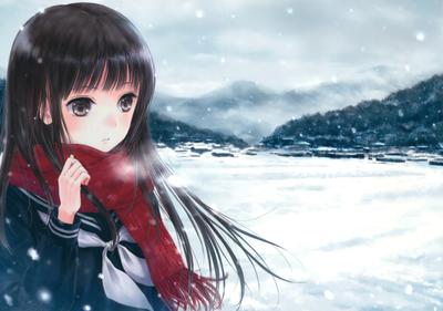Красивая девушка с большими глазами, играющая в холодный зимний снег,  мультяшный стиль аниме, молодая девушка | Премиум Фото