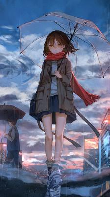 Картинки девушки, осень, улица, дождь, аниме - обои 1366x768, картинка  №252682