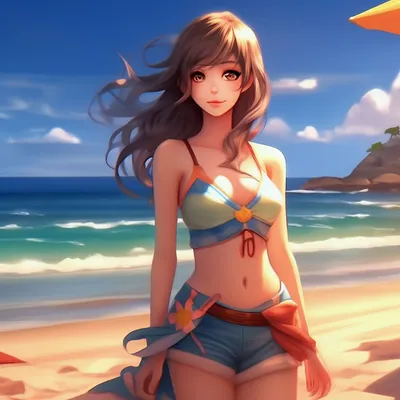 Красивая аниме девушка на пляже» — создано в Шедевруме