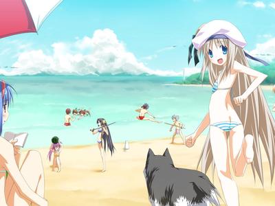 Девушка аниме в голубых топах сидит на пляже | Премиум Фото