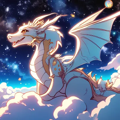 Рисованный аниме дракон в облаках, …» — создано в Шедевруме