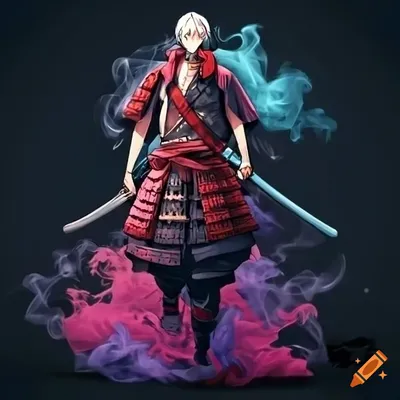 Fantasy anime art of a samurai with flowing red ribbons on Craiyon