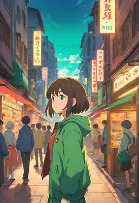 Девушка аниме в зеленой куртке стоит на многолюдной городской улице, аниме  стиль 4 тыс., вдохновленный Лиамом Вонгом, лучшие аниме 4k коначан обои,  аниме арт обои 8 k - SeaArt AI