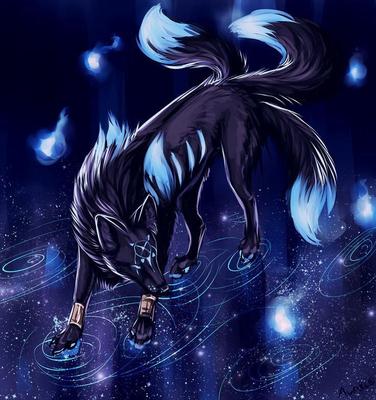 Темный волк остается под луной в огне | Премиум Фото