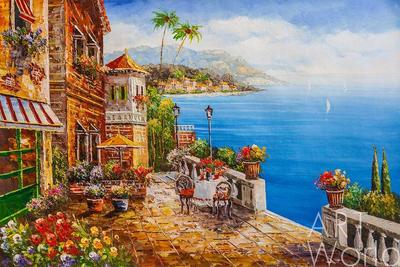 Картина Пейзаж маслом \"Летнее кафе. Вид на море и горы N6\" 60x90 KI201109  купить в Москве