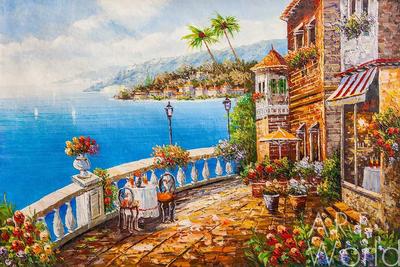Картина Пейзаж маслом \"Летнее кафе. Вид на море и горы N2\" 60x90 KI201105  купить в Москве