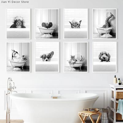Настенная Картина на холсте в виде пингвинов, жирафа, слона, орангутана,  ванны, скандинавские постеры и принты, картины для ванной комнаты, туалета,  декор для комнаты | AliExpress