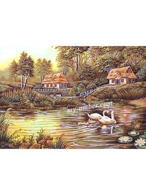 Купить Картина из янтаря - Река в осеннем лесу по цене 12 000 руб.