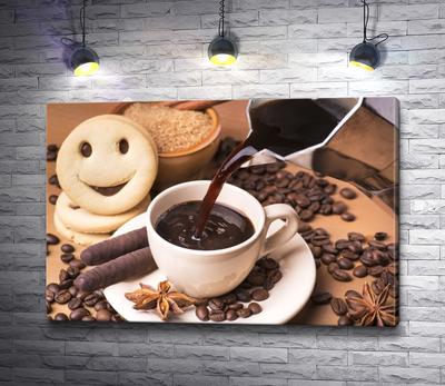 Картина \"Чашка кофе с рассыпанными зернами вокруг и печеньем\" |  Интернет-магазин картин \"АртФактор\"