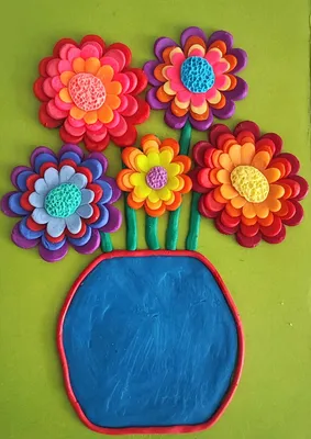Аппликация из пластилина на цветном картоне \" Цветы в вазе\". Пошаговая  инструкция с фото для детей. | Лепим с Таней | Дзен