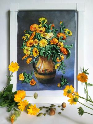 Вышитая лентами картина Розы и ромашки купить за 7000 руб. на hady.ru