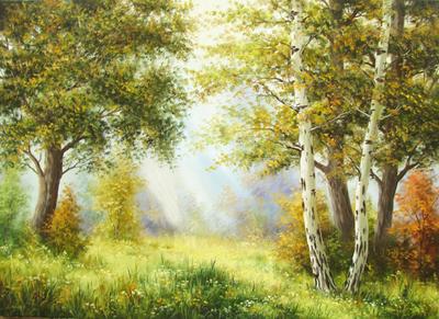 Картина маслом пейзаж В лесной глуши, лесная поляна