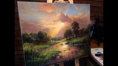 38 ВЕЧЕРНИЙ СОЛНЕЧНЫЙ ПЕЙЗАЖ маслом. Как нарисовать пейзаж. Evening  Sunshine Landscape oil painting - YouTube