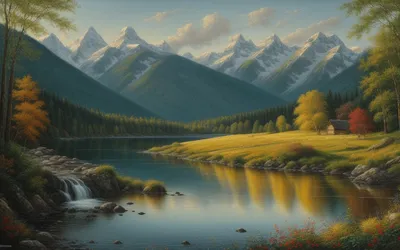 Горный пейзаж с озером — картина маслом на холсте. JPEG
