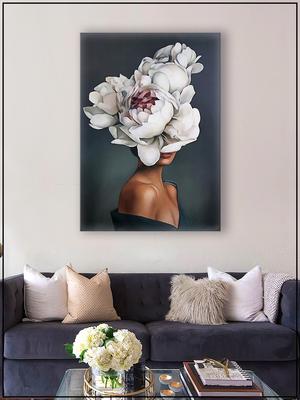 Картина на стену для интерьера \"Девушка с цветами на голове\" на натуральном  холсте 85*120 см - купить по низкой цене в интернет-магазине OZON  (490946182)
