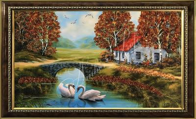 Купить картина с натуральным балтийским янтарем \"лебеди на пруду\"