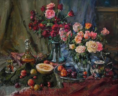 Картина маслом 50х70см Розовые розы в вазе на холсте мастихин ручная работа  художника №943527 - купить в Украине на Crafta.ua