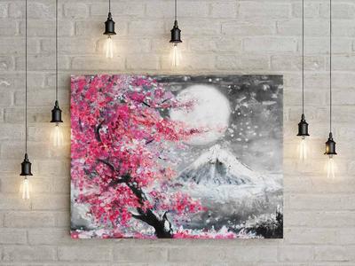Купить картину на холсте \"Картина маслом пейзаж с сакурой и горами\" в iArt