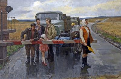 Купить советскую живопись «Велосипедисты», СССР, 1953 год, холст, масло,  подрамник, багет.
