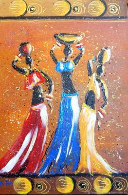 Картина Марины Амосовой `Африка. Веселый разговор` Оргалит 60 на 40 см. Африканский  стиль. Картина написана акрилом.… | Картины, Искусство женщин, Африканский  стиль