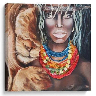 Картина в африканском стиле \"Африканка со львом\"