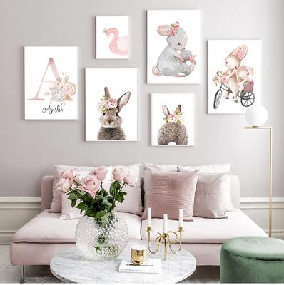 Картина на холсте с кроликом для девочек, постер с именем на заказ, рисунок  кролика, настенное искусство для детской комнаты, картины с розовыми  цветами, украшение детской комнаты в скандинавском стиле | AliExpress